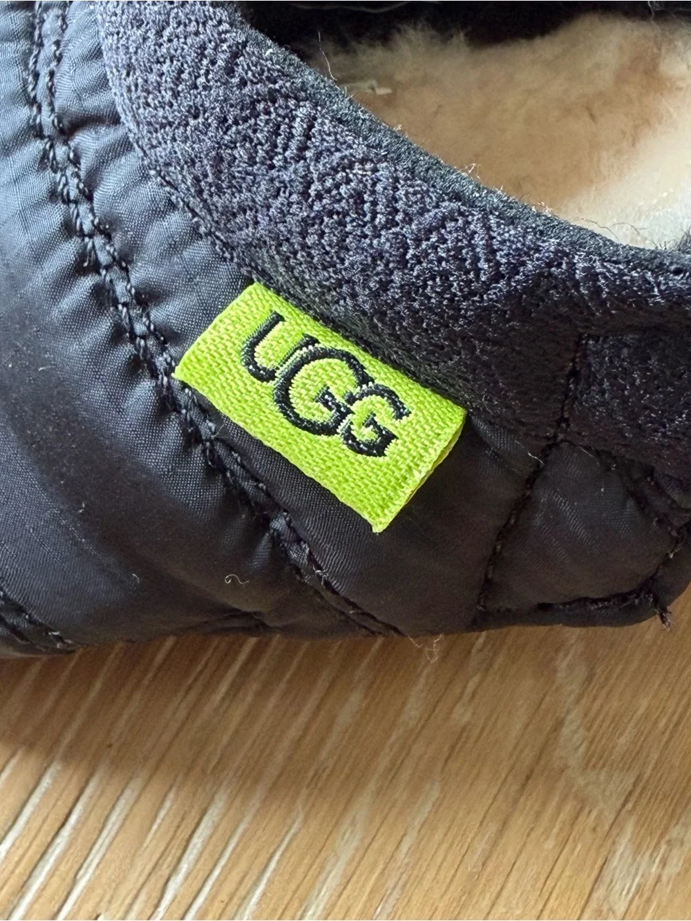 UGG Kids Black Quilted Slip-On Slippers with Neon Logo